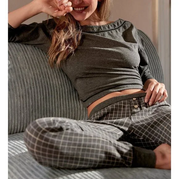 FREE PEOPLE Chill Evening PJ Set / Charcoal Combo - Picture 8 of 10